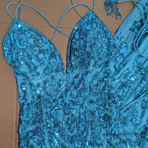 Sherri Hill #54329 Blue Sequin Beaded Prom Dress